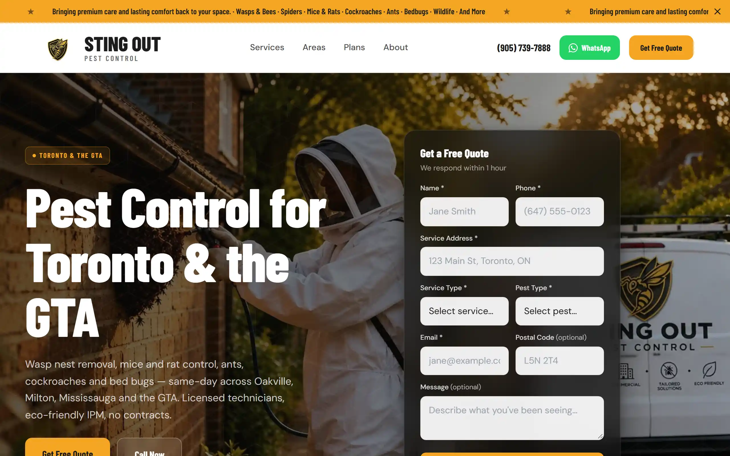 The Sting Out Pest Control home page, showing the hero, navigation and quote form.
